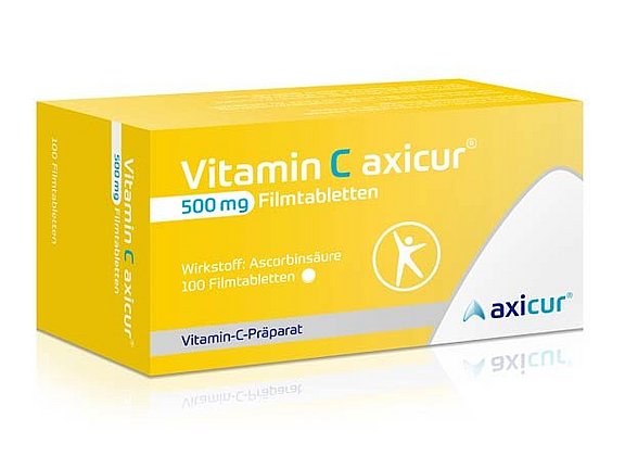 Eine gelb-weiße Schachtel mit Vitamin C axicur 500 mg Filmtabletten, die 100 Tabletten der Marke axicur enthält.