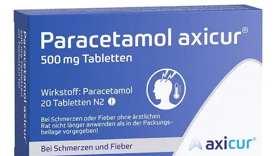 Die blaue Schachtel mit Paracetamol axicur 500mg Tabletten, die zur Schmerz- und Fieberlinderung bestimmt sind, enthält 20 Tabletten.