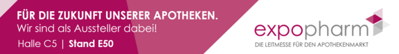 Werbebanner der expopharm mit Text über die Zukunft der Apotheken, Standplatz Halle C5, Stand E50, und dem expopharm-Logo auf der rechten Seite.