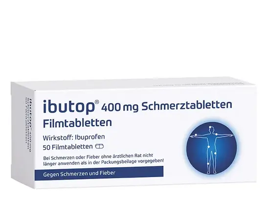 Schachtel ibutop 400 mg Schmerztabletten mit Ibuprofen, gekennzeichnet für Schmerz- und Fieberlinderung, 20 Tabletten.