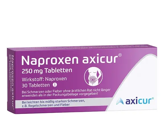 Verpackung mit Naproxen axicur 250 mg Tabletten, 20 Stück, mit deutschem Text und lila-weißem Verpackungsdesign.